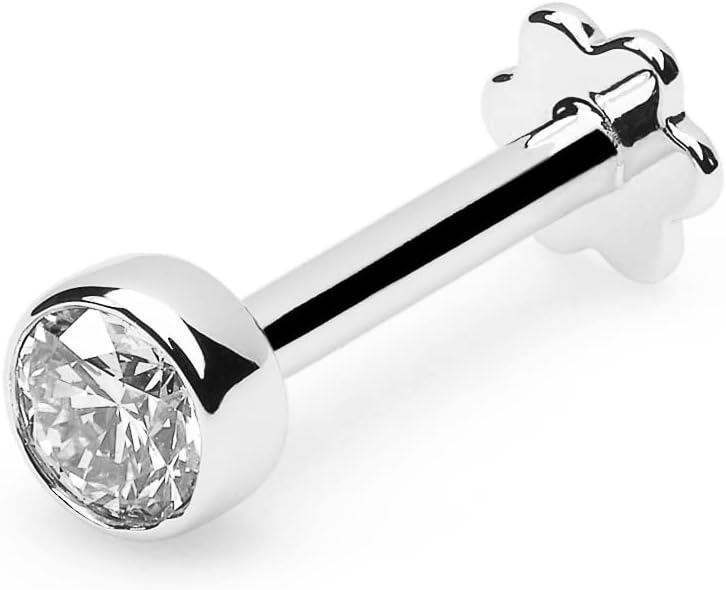 Bezel Set Diamond Nose Pin in 14K White Gold, 8MM Screw Post Lip Labret Monroe Piercing