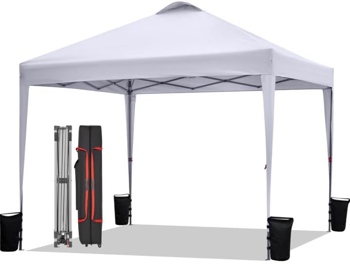 BONTEC 10x10ft Pop Up Canopy Tent, Portable Beach Tent and Instant Shelter, 1-Person Setup, Outdoor Sun Shade, Waterproof Folding Gazebo with Roller Bag and 4 Weight Bags, Silver- Coated Top, White Silver-coated White