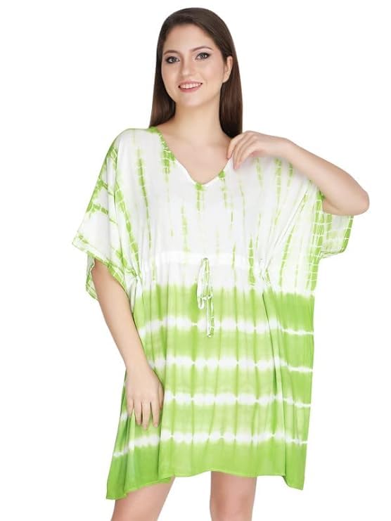 cigain V-Neck Beach Rayon Regular Night Wear Tie Die Short Kaftan Dress Top for Women-picture-48