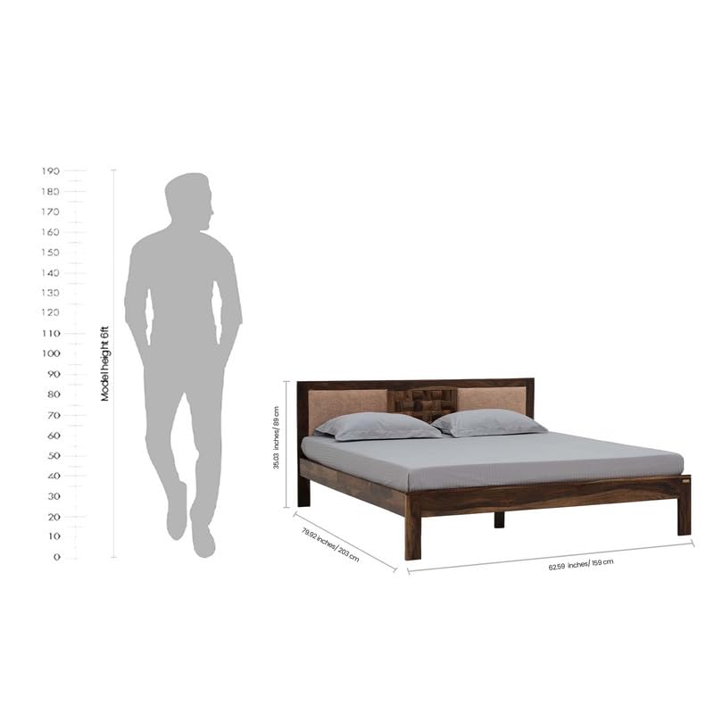 Image of Royaloak Regal Wooden Queen Size Bed in Sheesham Wood with Fabric Upholstered Headboard - Nivar Base Support, Strong & Durable Bed Frame for Bedroom Furniture