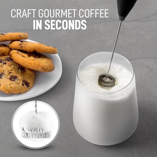 Image of ElitaPro Powerful Milk Frother Wand - 2 in 1 Handheld Coffee Frother and Egg Beater - Mini Foam Maker With Stand - Whisk Drink Mixer & Foamer for Coffee, Latte, Matcha, Hot Chocolate (Exec Black)