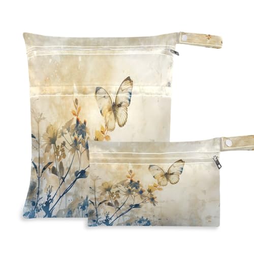 Kigai Butterfly Flower Wet Bag with Zippered Pockets 2pcs Waterproof Reusable Wet Dry Bag for Cloth Diaper