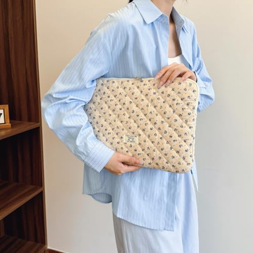 CHAMAIR Puffy Laptop Sleeve 13 Inch Cute Case Floral Quilted Notebook Cover Aesthetic Macbook Case 13'' 12'' (Blue 13in)