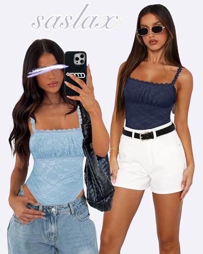 Saslax Women's Sexy Square Neck Lace Sleeveless Bodysuit Tank Tops Double Lined Body Suit Thong Outfits