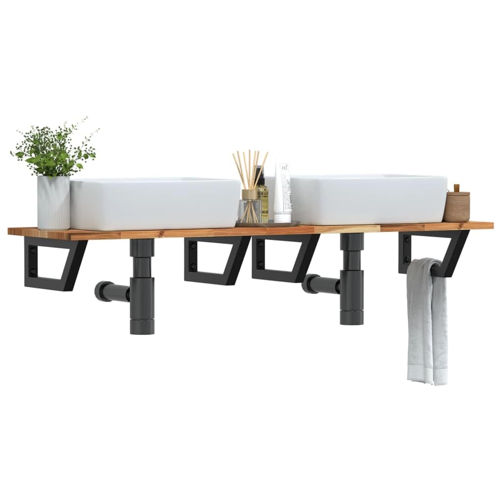 Scaffale per lavandino, montaggio a parete, in acciaio e legno di acacia, 120 x 40 cm, robusto scaffale da bagno per lavabo, salvaspazio e versatile