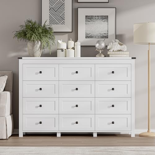 Image of BORNOON 12-Drawer Dresser, Modern Wooden Storage Chest of Drawers, Dresser TV Stand, Wood Drawer Organizer with Metal Handles for Bedroom, Living Room, Hallway
