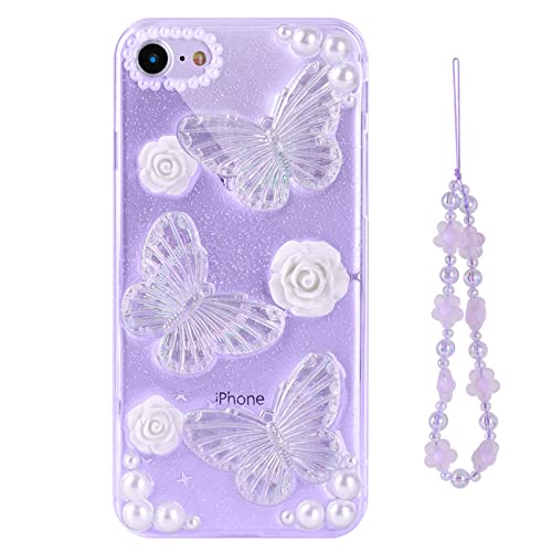 Zxcdino Compatible With Iphone 8/7/Se/Se2 3D Kawaii Sticker Butterfly Floral Rose Pearl Design Aesthetic Women Cute Girly Glitter Pretty Crystal Sparkly Star Phone Cases Protective Cover+Lanyard #TOP20