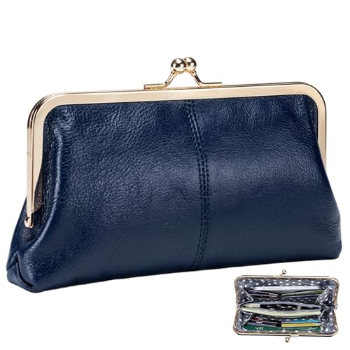 Kiss Lock Wallet for Women, Leather Vintage Wallet with Zipper Coin Pocket, Multi-card Slots Card Holder, Dark Blue Soft Leather Wallets for Women