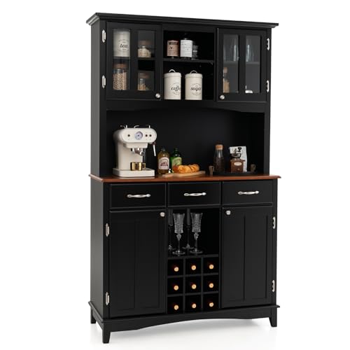 COSTWAY Armario Alacena de Cocina, Aparador Comedor con Vitrina de Vidrio Templado, Porta Botellas de Vino, Estantes Ajustables, Moderno Armario de Pie con 3 Cajones y Estantes Abiertos (Negro)