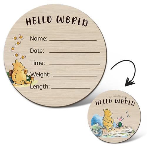 Image of Classic Winnie Baby Announcement Sign for Girl Boy Double Sided Wooden Round Circles with Hello World for Newborn Photo Prop Nursery Decor