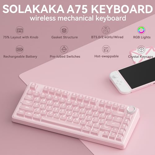 Image of SOLAKAKA A75 Wireless Gaming Keyboard with Multifunction Knob, BT5.0 /2.4GHz /USB-C, 75% Mechanical Keyboard, Hot-Swappable, Gasket Creamy Keyboard with RGB Backlit, Crystal Keycaps, for PC /Mac /PC