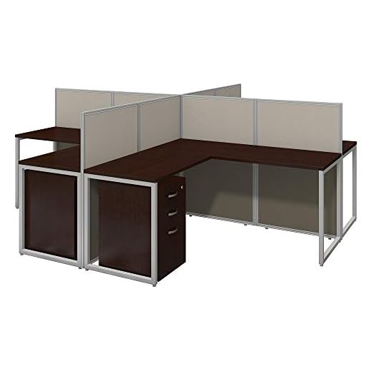 Bush Business Furniture Easy Office 4 Person L Shaped Cubicle Desk with Drawers, 60W x 45H, Mocha Cherry Satin