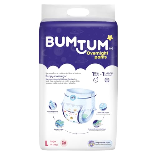 Image of Bumtum Baby Overnight Diaper Pants - Size L (9-14 kg), 36 Count | All night Absorption with Pillow Soft Comfort | No Leak | 100% Rashfree | With soothing Chamomile Microbial Layer | Pack of 1