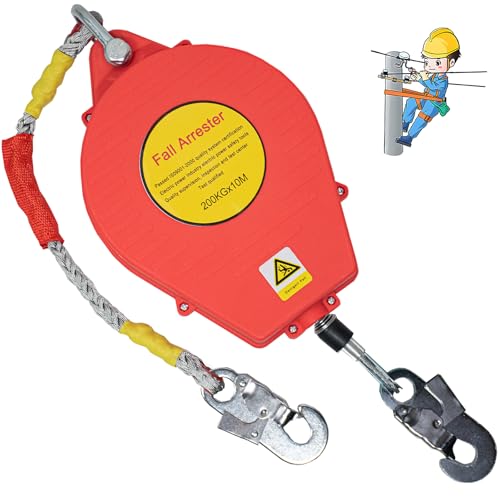 BOVDC Dispositif Antichute a Rappel Automatique, 200 kg Harnais de Securite Anti Chute Rétractable 10m, Rouge Retractable Harnais Anti Chute Professionnel Toiture et Travaux Aériens(1 Pièce,10m)
