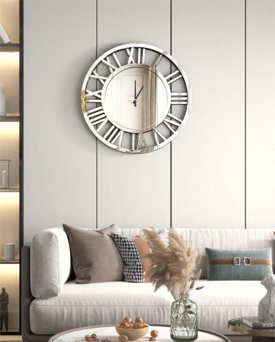 Shyfoy 32" Large Wall Clocks Living Room Decor- Acrylic Mirror Finish, Modern Decorative Kitchen Wall Clocks, Roman Numerals 3D Frameless Silver Wall Decor Big Clock Battery Operated #TOP2