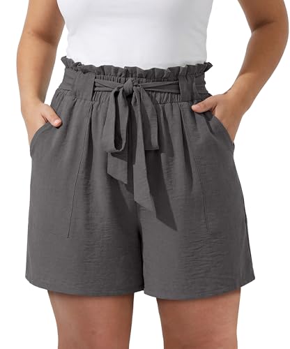 OLRIK Plus Size Flowy Shorts High Waisted ElasticTie Knot Casual Summer Comfy Flowy Beach Comfy Shorts with Pockets Smoky Gray-2X