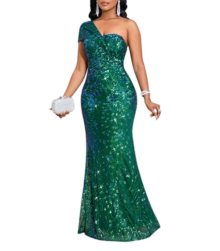 Image of Cololura Women Sexy Sequin One Shoulder Mermaid Formal Party Cocktail Gowns Bodycon Evening Maxi Dress