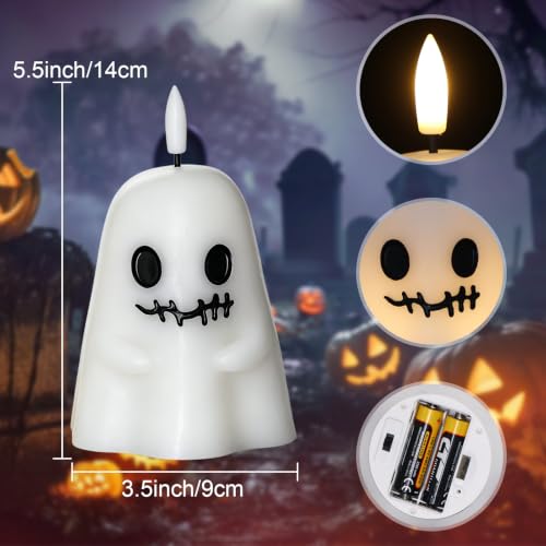 Image of Halloween Spooky Ghost Flameless Candles Battery Operated with Timer | White, Real Wax 3D Wick Flickering, 6H Timer, LED Light, Spooky Halloween Indoor Decor & Gift, 3.5 inch x 5.5 inch, 2 pack
