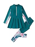 IMEKIS Muslimische Bademode Mädchen Islamische Burkini Langarm Rashguard Badetop mit Badehose Zweiteilig Tankinis Badeanzug Kind Bescheidene Schwimmanzug Dunkelgrün 11-12 Jahre