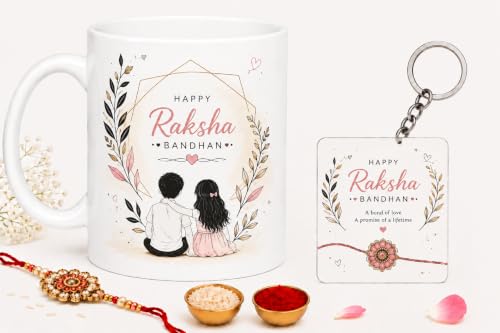 Image of Sibling Raksha Bandhan Mug Set | Ceramic Mug with Matching Keychain, Rakhi, Roli & Chawal