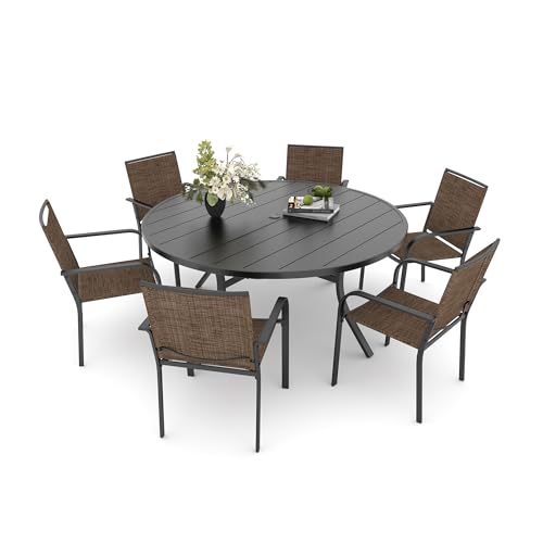Image of Anmutig 7 Piece Patio Dining Set 54 Inch Round Table Stackable Chairs Brown | Powder-Coated Steel Frame, Quick-Dry Textilene Mesh, Dual-Size Umbrella Hole, Weather Resistant, Patio, Garden, Backyard
