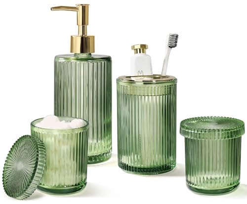 Green Glass Bathroom Accessories 4 Pcs Green Bathroom Set Soap Dispenser and Toothbrush Holder Set Qtip Holder Set Vintage Bathroom Sink Set Cute Bathroom Decor