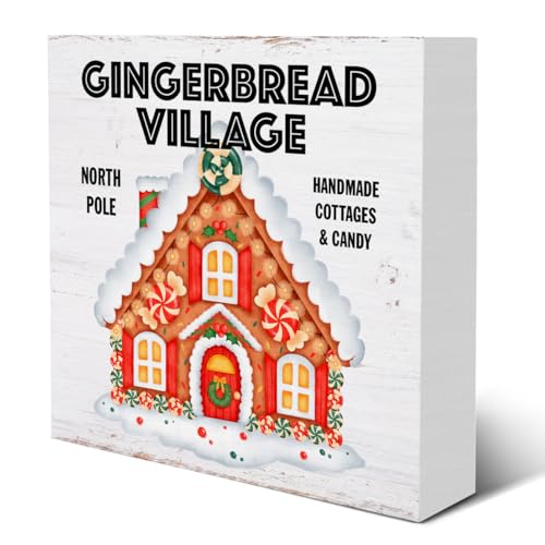 Winter Gingerbread Christmas Wooden Box Sign Wood Block Tabletop Sign Decorative Desk Sign Winter Season Home Shelf Decor 5 X 5 Inches