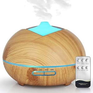 Bigqin Diffuseur d’huiles Essentielles 500ML, Humidificateur Diffuseur Parfumé Aromathérapie Ultrasons avec Télécommande 7 Lumières LED Diffuseur d’arôme pour Chambre Spa Yoga Bureau, Brun Clair