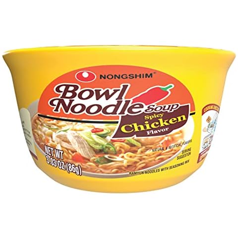 Nongshim Spicy Chicken Noodle Soup Instant Ramen, 12 Pack, Korean Microwaveable Bowl Soup Mix, Ramyun with Veggies, Sabor a Pollo Cover