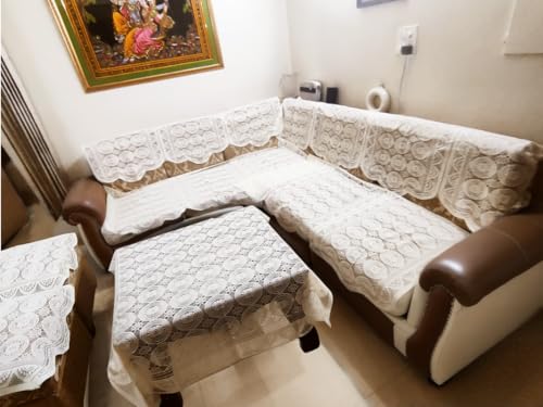 Image of Fab Nation Cotton L Shape Sofa Covers for 7 Seater Sofa Set | Sofa Slipcovers for 4 + 3 Seaters Cover + 2 Setty Covers + 1 Table Cover Set | Cream /Off-White