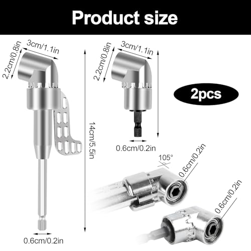 Adapter do wkrętarki kątowej 105°, 2 sztuki wierteł sześciokątnych (długie i krótkie modele), 1/4", sześciokątny trzpień przekładnia kątowa do garażu, pracowników budowlanych