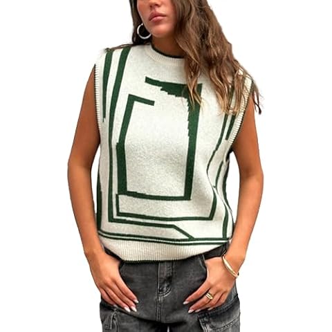 Fiona Jolin Womens Sweater Vest Loose Crewneck Sleeveless Pullover Sweater Graphic Ribbed Knitted Vest (Green-L) Cover