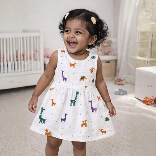 Image of The Boo Boo Club Girls Cotton Muslin Printed Dress | Short Sleeve Knee-Length Summer Girls Frock | Soft Breathable