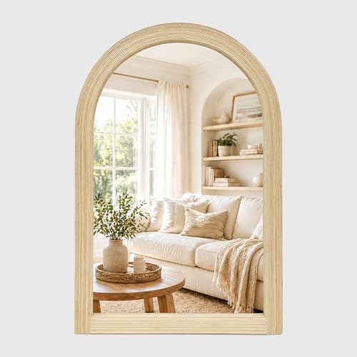 Arched Bamboo Wall Mirror Boho Coastal Style (24x36)