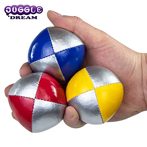 Juggle Dream 3X Pro Thud Jonglierbälle - Set mit 3 professionellen Jonglierbällen mit kostenlosem Online-Lernvideo, perfekt für Anfänger und Experten (Silber/Blau, Silber/Rot, Silber/Gelb)