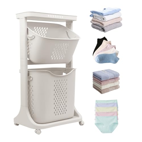 ALSO GO 2-Tier Household Laundry Hamper Sorter, White Removable Laundry Baskets, Portable Rolling Freestanding Plastic Laundry Hamper with 4 Wheels for Organizing Clothes, for Home, Bathroom, Dorm