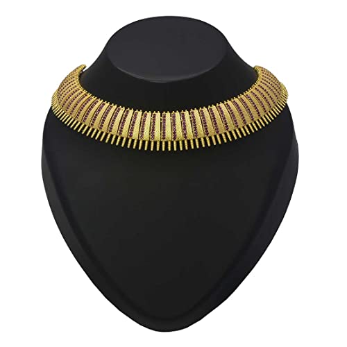 Image of KOLLAM SUPREME ANTIQUE GOLD PLATED BROAD MATTE FINISH RUBY NECKLACE FOR WOMEN