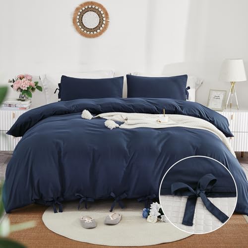 Image of annadaif Grayish Navy Duvet Cover King Size, 3 Pieces Soft Washed Microfiber Duvet Cover Set, Comforter Cover with Bowknot Bow Tie (1 Duvet Cover 104x90 Inch, 2 Pillowcases) Easy Care Bedding Set | Soft Washed Comforter Cover ,Bowknot Bow Tie, (1 Duvet Cover 104x90 Inch, 2 Pillowcases) ,Easy Care Bedding Set