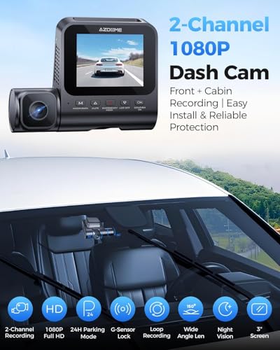 AZDOME V600 1080P Dual Dash Camera for Cars, 3'' Screen Dash Cam Front and Inside, Loop Recording, IR Night Vision Dashcam, G-Sensor, Car Dash Cam with 24/7 Parking Mode, Support 128GB (V600-2CH)
