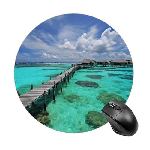 Tapis de souris rond texturé de qualité supérieure avec base en caoutchouc antidérapant - Motif paysage des Maldives - 20 x 20 x 0,3 cm