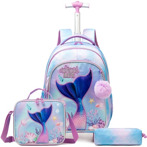 Egchescebo Mochila Escolar Infantil com Rodinhas para 17” Meninas e Crianças Rodas Bolsa Mala Carrinho 3PCS Lancheira Juvenil Estojo Costas Viagem Adequado Meninas Adolescentes de Sereia Azul Celeste