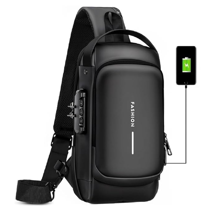 MEK N MART Anti-Theft Sling Bag for Men & Women with USB Charging Port, Crossbody Chest Bag, Waterproof Casual Shoulder Backpack, Password Lock, Travel Messenger Bag with 7 Pockets, Polyester-image-11