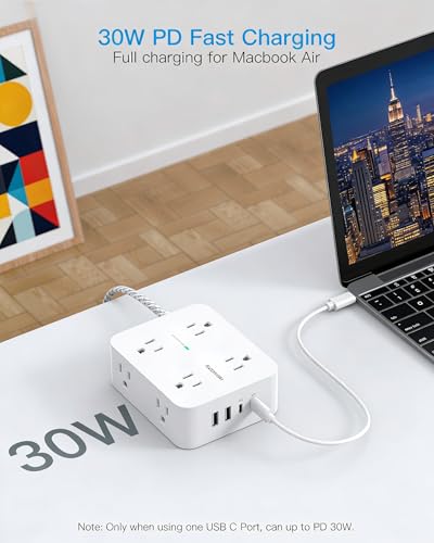 Image of PD 30W USB C Power Strip Surge Protecor, HANYCONY 8 Outlets 4 USB(2 USB C Ports), 1080J Desk Charging Station for Multiple Devices, 10 Ft Flat Plug Extension Cord for College Dorm Room Essentials