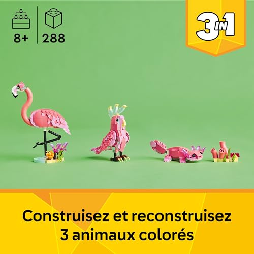 LEGO Creator 3-en-1 Animaux Sauvages : Le Flamant Rose - Jouet de Construction se Transformant en Figurine de Cacatoès ou en Axolotl - Cadeau d'anniversaire Original Fille ou Garçon dès 8 Ans 31170
