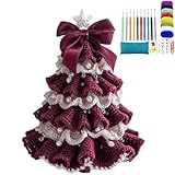 DIY Crochet Christmas Tree Kit - Handmade Holiday Decoration Set, Tree Bow Pearl Embellishment, Christmas Party Crochet Decorations,Starter kit Include All Tools Needed for Beginner (Burgundy)