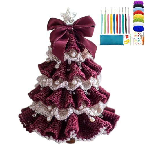 DIY Crochet Christmas Tree Kit - Handmade Holiday Decoration Set, Tree Bow Pearl Embellishment, Christmas Party Crochet Decorations,Starter kit Include All Tools Needed for Beginner (Burgundy)