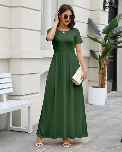 Image of COSSEN Women's Crew Neck Short Sleeve Maxi Dress with Pockets Casual Loose Swing for Wedding Guest Beach Vacation