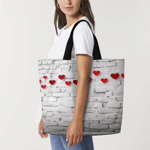 Women's Multi-Functional Shopping Bag,Red Hearts on White Brick Wall Printing Messenger Bag Shoulder Bag for Travel, Work, Shopping & Parties with Inner Pocket, Grocery Bag Lightweight & Water-Resista 7