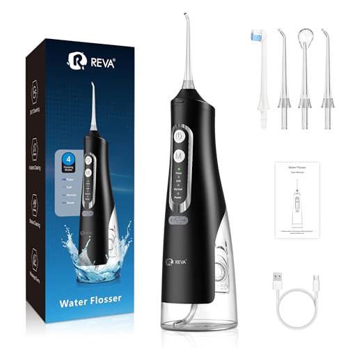 R REVA Cordless Dental Water Flosser for Teeth, Gums & Braces - Electric Oral Irrigator 310ML, 4 Modes, Rechargeable, 4 Jet Tips, Smart Memory, 360° Nozzle, IPX7 Waterproof & Low Noise (M209 - Black)