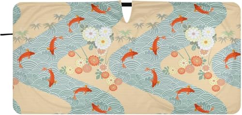 車用サンシェード フロント 折り畳み式 おしゃれ 軽自動車 カーシェード 鯉 和風 日本 波柄 和柄 日除け 遮光 断熱 車用パラソル 汎用 日差しカット 収納袋付